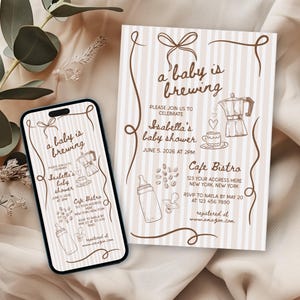 Baby is Brewing Invitation for Baby Shower Party, Hand Drawn Coffee Invitation Template, Editable Whimsical Doodle Espresso Invite, HDCF