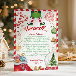 Bearbeitbarer Elf-Abschiedsbrief, Weihnachtself-Auf Wiedersehensbrief, Elf im Regal Ausgangshinweis, druckbarer Canva-Brief