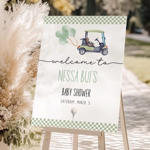 Sjabloon golf babyshower welkomstbord | Golfkarposter | Bewerkbaar welkomstbord voor golfbaby | Driving Range babyshower welkomstposter, GPRT