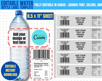 Water Bottle Labels Template, Editable Water Bottle Label Blank Template, Canva Editable Template, Printable DIY Party Label Template