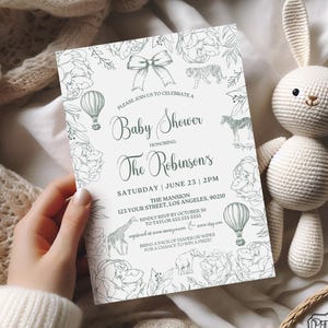 Sage Green Hot Air Balloon Toile Invitation Template, Editable Green Vintage Floral Toile Baby Shower Invitation, Chinoiserie Safari Baby