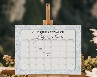 Editable Blue Toile Baby Due Date Calendar Template, Vintage Baby Prediction Game, BTOI