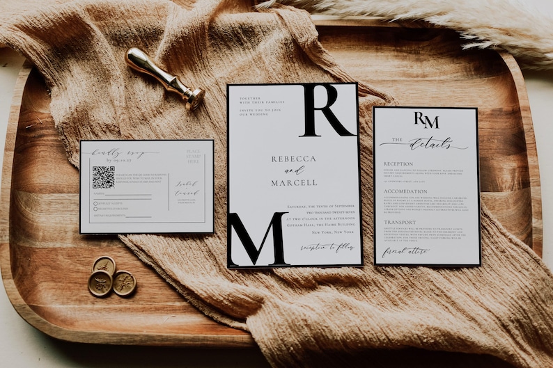 Bewerkbare stijlvolle zwart-wit huwelijksuitnodiging, inclusief formele uitnodigingen, detailkaart, RSVP QR-code, moderne wo-uitnodiging, BELLA afbeelding 2