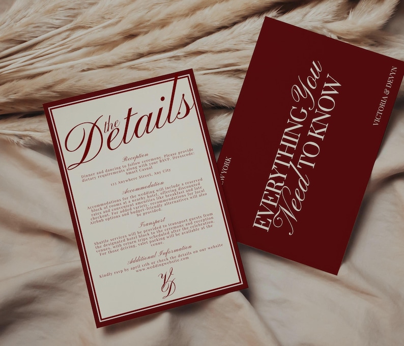 May include: Two wedding invitation cards. One card is cream-colored with burgundy text that reads "the Details" and includes event information. The other card is burgundy with the text "EVERYTHING You Need TO KNOW".