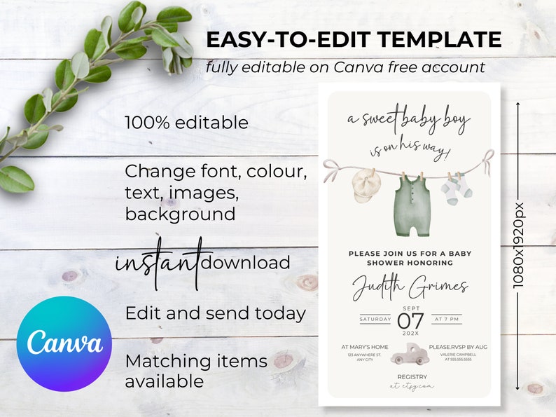 May include: Editable baby shower invitation template with a watercolor illustration of a baby boy's clothes hanging on a clothesline. The text reads "a sweet baby boy is on his way!" and includes details for the shower, such as the date, time, and location. The template is fully editable on Canva.