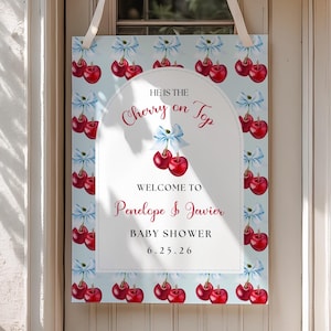 Editable Blue Bow Cherry on Top Welcome Poster for Baby Shower, Blue Ribbon Cherries Baby Shower Poster Template, Baby Shower Sign, BLCY