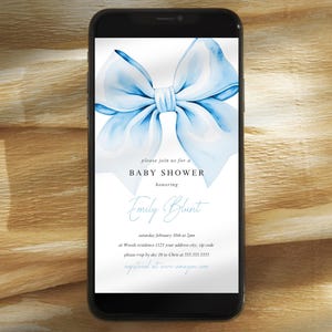Elegante blauwe strik babyshower evite-sjabloon, e-uitnodiging voor DIY babyshower met blauwe strik, bewerkbare uitnodiging sms-bericht babyshower, BB25