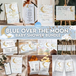 Puede incluir: Decoraciones para baby shower azul y dorado con temática de luna y estrellas. El conjunto incluye un cartel de bienvenida, un cartel de rifa de pañales, un menú, un calendario para adivinar la llegada del bebé, adornos para cupcakes, etiquetas de regalo, bolsas de patatas fritas, etiquetas para botellas de agua y una tarjeta de agradecimiento.