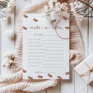 Escreva uma carta para o bebê, tema de grãos de café, jogo de festa de chá de bebê com tema de café editável, carta para bebê para impressão