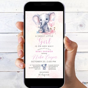 Rosa Elefant-Babyparty-Textnachricht-Einladung, Mädchen-Rosa-Baby-Elefant Evite, kleine Erdnuss-Babyparty druckbare Vorlage, ELE1