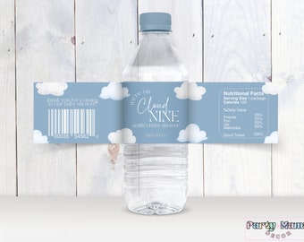 Cloud 9 Water Bottle Label Template, Cloud Nine Baby Shower Favor, Editable Cloud Water Label, Instant Download, CLD9