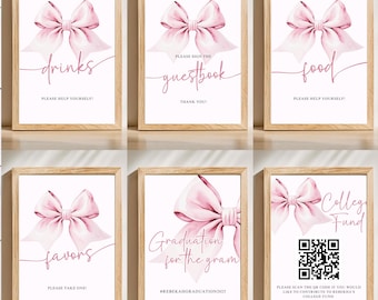 Graduation Table Sign Template, Editable Pink Bow Signs for Grad Party, Coquette Signage, Pink Ribbon Theme, Printable Signs, GPNK