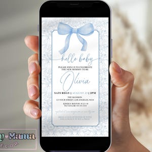 Electronic Blue Toile Baby Shower Invitation, Editable Blue Toile De Jouy Evite for Baby Shower, Blue Bow Toile De Jouy Baby Shower