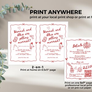 May include: Printable wedding invitation template with red text and illustrations. The invitation includes the couple's names, wedding date, time, and location. The template is designed to be printed on 8.5x11 inch paper or 5x7 inch paper.