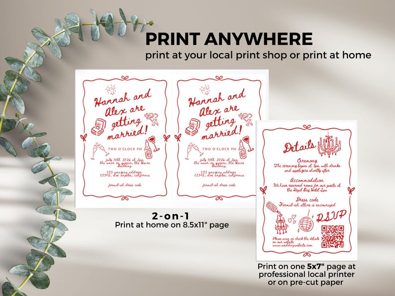 May include: Printable wedding invitation template with red text and illustrations. The invitation includes the couple's names, wedding date, time, and location. The template is designed to be printed on 8.5x11 inch paper or 5x7 inch paper.