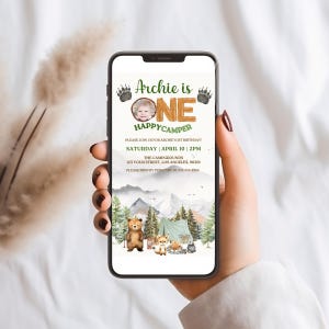 En grattis på Camper-födelsedagen e-inbjudan med foto, redigerbar textmeddelande-mall, HCP1