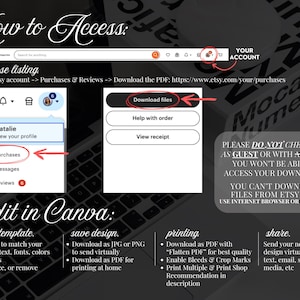 Może przedstawiać: Grafika instruktażowa szczeg&oacute;łowo opisująca spos&oacute;b uzyskiwania dostępu i edycji zakupu z Etsy. Obraz zawiera laptop, zrzuty ekranu ze strony internetowej Etsy i instrukcje tekstowe. Tekst zawiera "How to Access", "Edit in Canva" i "Download files".