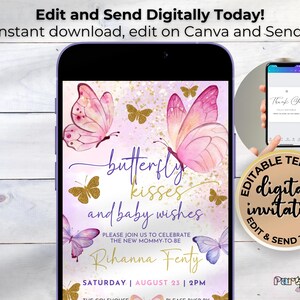 May include: Editable digital invitation template featuring butterflies with pink and gold accents. The text reads "butterfly kisses and baby wishes".
