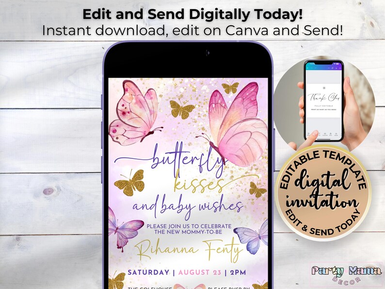 May include: Editable digital invitation template featuring butterflies with pink and gold accents. The text reads "butterfly kisses and baby wishes".