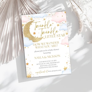 Twinkle Twinkle Little Star Gender Reveal Invitation, Gender Reveal Party Invitation Template, Editable He Or She Digital Download, TWK1