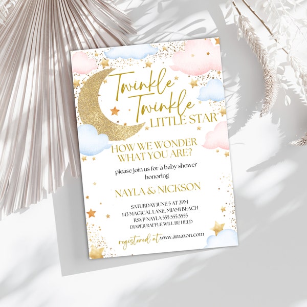 Twinkle Twinkle Little Star Gender Reveal Invitation, Gender Reveal Party Invitation Template, Editable He Or She Digital Download, TWK1