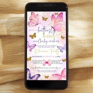 May include: A pink and purple baby shower invitation with a gold glitter background and butterflies. The text reads "butterfly kisses and baby wishes". The invitation is for Rihanna Fenty and is scheduled for Saturday, August 23rd at 2pm.