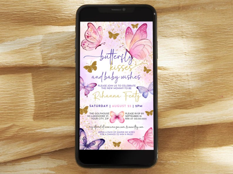 May include: A pink and purple baby shower invitation with a gold glitter background and butterflies. The text reads "butterfly kisses and baby wishes". The invitation is for Rihanna Fenty and is scheduled for Saturday, August 23rd at 2pm.