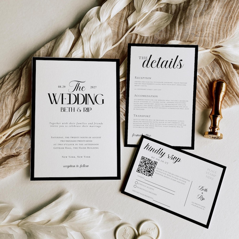 May include: Elegant wedding invitation suite with black borders. Includes a main invitation, details card, and RSVP card. The main invitation reads "The Wedding" with the names Beth & Rip. A gold wax seal and dried flowers are also present.