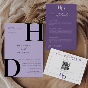 Suite d'invitations de mariage lavande, lot de lilas comprenant une invitation, carte de détails, réponse de code QR de mariage, lot de modèles violets modifiables, PR02