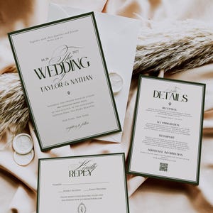 Może przedstawiać: Zestaw zaproszeń ślubnych z białym tłem i ciemnozielonymi obramowaniami. Gł&oacute;wne zaproszenie zawiera tekst "The Wedding" oraz imiona "Taylor & Nathan". Dodatkowe karty zawierają szczeg&oacute;ły i kartę odpowiedzi.