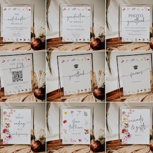 Modèle d'enseigne de table fleurs sauvages, fleurs modifiables, enseigne de fête des diplômés, enseignes florales de fête des diplômés, code QR du fonds universitaire, WFGR