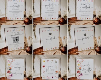 Wildflower Table Sign Template, Editable Flower Graduation Signs, Graduate Party Sign, Floral Grad Party Signs, College Fund QR Code, WFGR