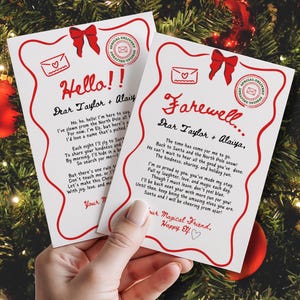 May include: Two white Christmas cards with red accents and handwritten text. One says "Hello!!" and the other says "Farewell...". Both cards have a bow and envelope graphic. The cards are held in front of a Christmas tree.