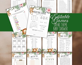 Bearbeitbares Safari-Babyparty-Spielepaket, Dschungeltiere-Partyspiele zum Ausdrucken