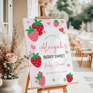 Editable Berry Sweet Welcome Poster for Baby Shower | Strawberry Baby Shower Poster Template | Sweet Berry Baby Shower Sign Canva, BER2