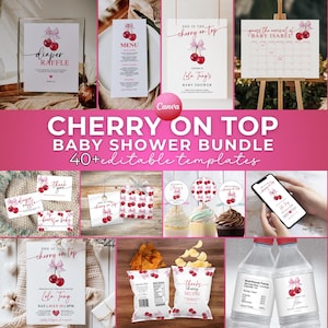 Cherry Baby Shower Bundle, Editable Soft Bow Cherry Theme Baby Shower, Cherries and Pink Bow Bundle, Pink Coquette Cherry Decor Set, C143