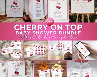 Cherry Baby Shower Bundle, Pink Bow Decor (Editable Templates)