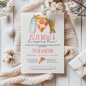 Editable Pizza, Brews & Diapers Invitation, Pizza Baby Shower Invitation Template, Co Ed Baby Shower Invite, PZZA
