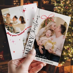 Modelo de cartão de Natal com arco de fotos, cartão de Natal com arco editável, cartão de Natal com laço de Natal estilo boho, cartão de Natal com foto e laço de Natal