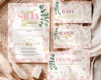 Silly Geese Baby Shower Invite Bundle, Editable Template, Greenery (Pink Version) PGOS