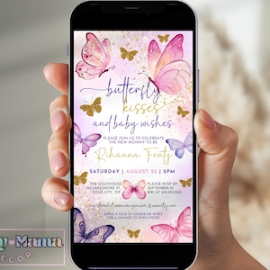 May include: A digital invitation for a baby shower with a pink and purple butterfly theme. The invitation features a watercolor illustration of butterflies and the text "butterfly kisses and baby wishes". The invitation also includes the name "Rihanna Fenty", the date "August 23", and the time "2 PM".