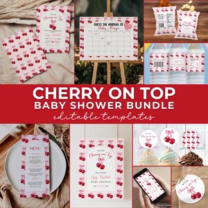 Cherry Baby Shower Bundle, Pink Bow Berries Decor for Baby Shower, Girl Cherry and Pink Bow Mega Bundle Template, Cute Party Decor, CHRY