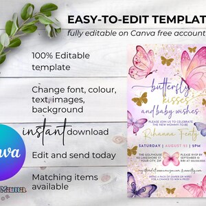 May include: A printable baby shower invitation template featuring butterflies in shades of pink, purple, and gold. The text reads "butterfly kisses and baby wishes" with the name "Rihanna Fenty" and the date "Saturday, August 23, 2PM".