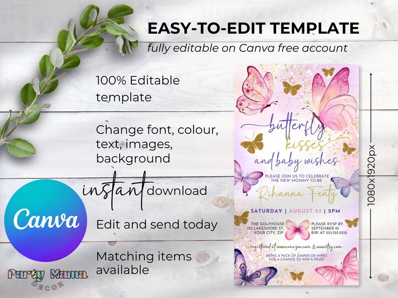 May include: A printable baby shower invitation template featuring butterflies in shades of pink, purple, and gold. The text reads "butterfly kisses and baby wishes" with the name "Rihanna Fenty" and the date "Saturday, August 23, 2PM".