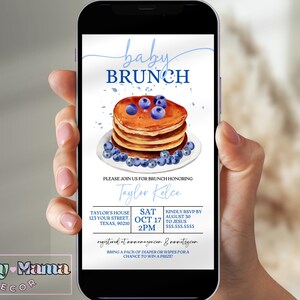 Electronic Blueberry Baby Brunch Baby Shower Invitation, Editable Pancake Baby Shower Evite, Text Message Baby Shower Brunch Template