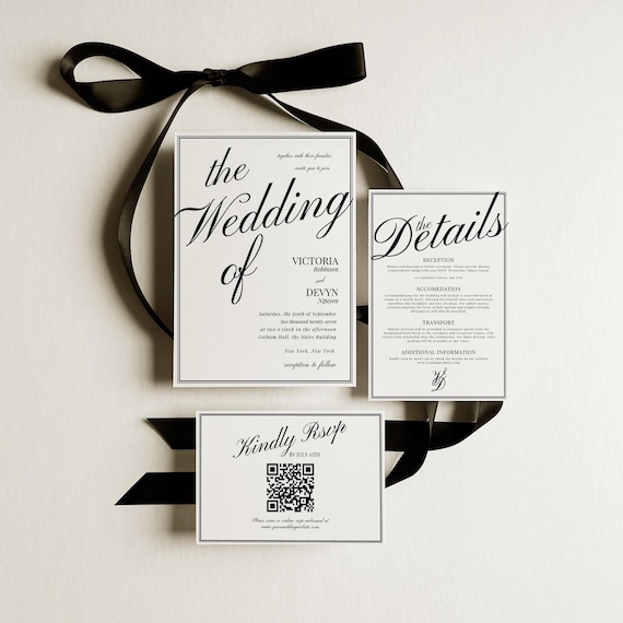 Luxurious Wedding Invitation, Minimalistic Wedding Invites, Editable Luxury Black and White Elegant Invite Template Set, Save the Date, Rsvp