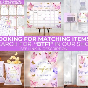 May include: A set of printable baby shower games featuring a butterfly theme with pink, purple, and gold accents. The games include "Guess the Arrival of Baby", "Baby Bingo", "Find the Guest", and more. The text "Looking for Matching Items? Search for: "BTFI" in our shop. See link in description." is displayed on a purple background.
