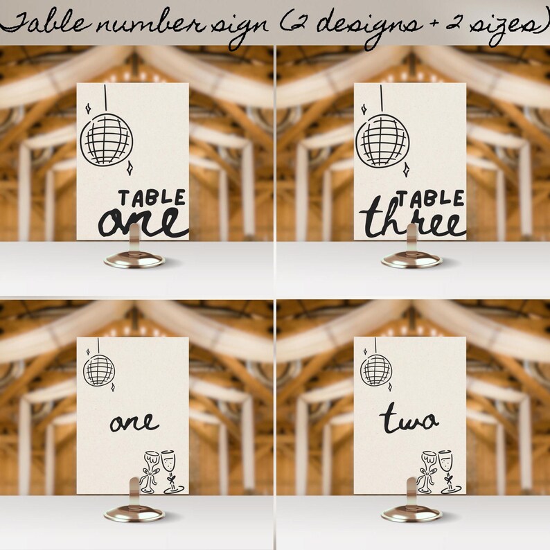 May include: Two designs of table number signs with a disco ball and the words "TABLE one" and "TABLE three" in black script. The other two signs have a disco ball and the words "one" and "two" in black script.