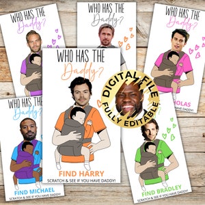 Cabezas de celebridades editables que tienen el juego Baby Daddy, plantilla de juego Scratch for Baby Dad, divertido juego de baby shower, descarga instantánea