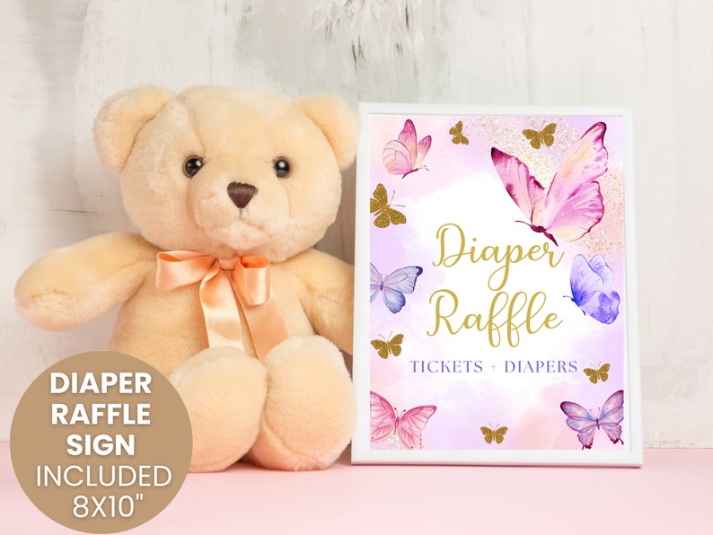 May include: A printable 8x10 inch sign for a diaper raffle. The sign features a purple and pink watercolor background with gold glitter accents and butterflies. The text on the sign reads "Diaper Raffle Tickets + Diapers".
